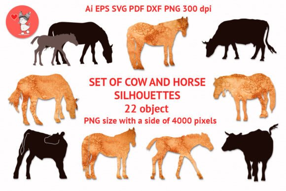 Set of Cow and Horse Silhouettes